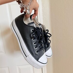 Converse Black Leather Low Top Sneakers with White Sole